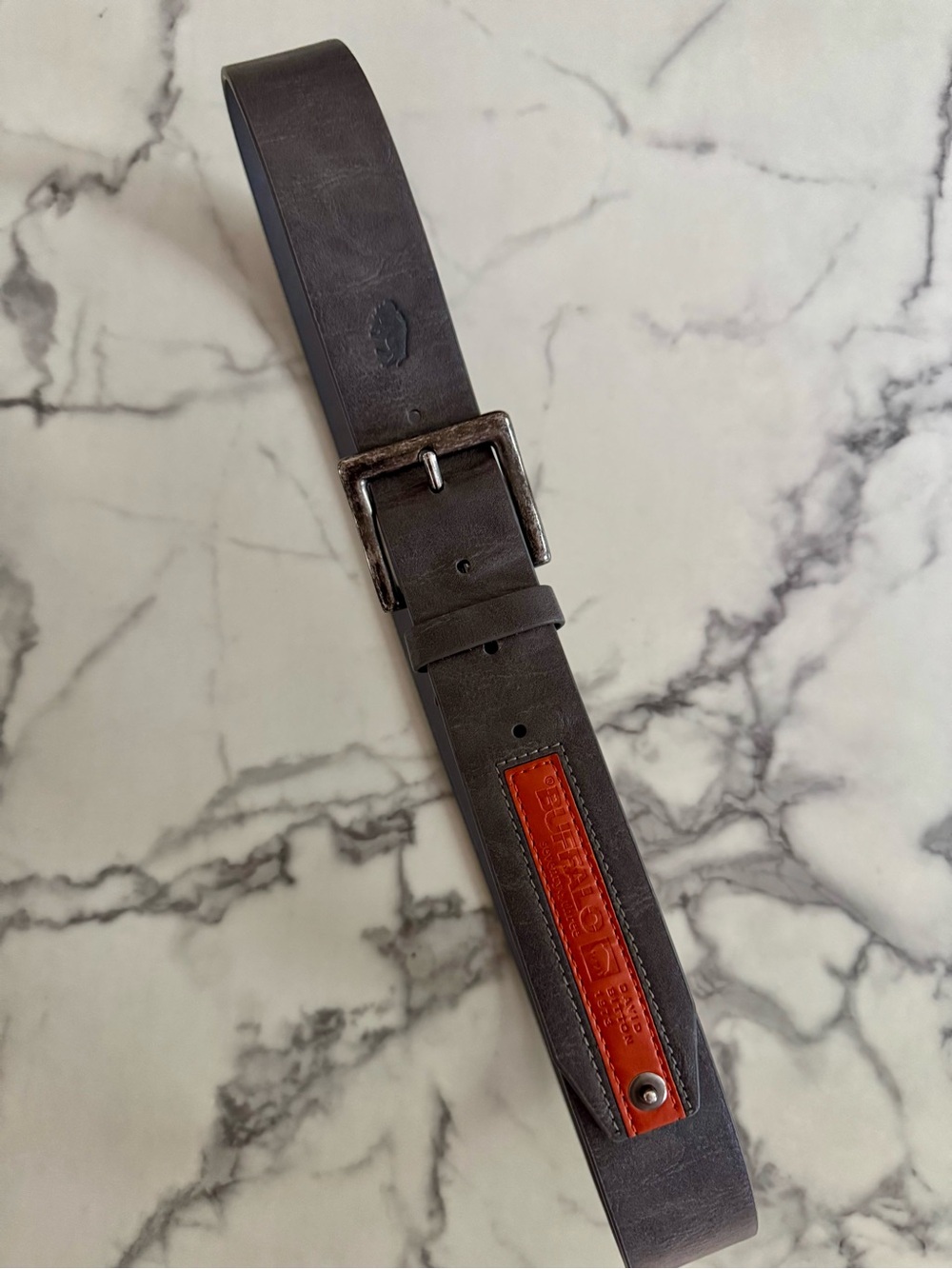 Men’s Buffalo David Bitton Gray Leather Belt w/ Orange “Seventy Three” Embossed